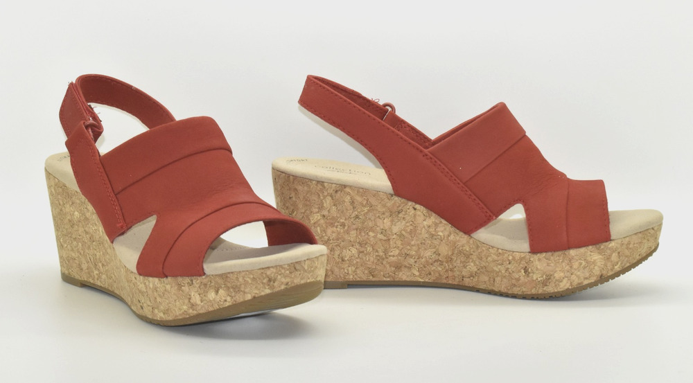 A6 NWOB CLARKS Annadel Red Nubuck Cork Platform Wedge Slingback Sandals Size 8 W